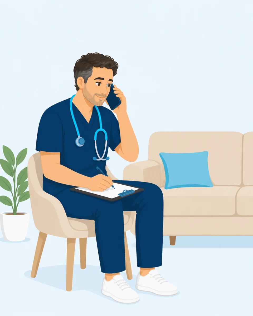 רופא MedHome משוחח בטלפון ורושם הערות