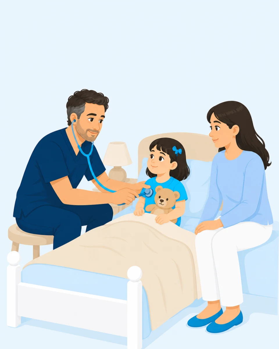 רופא MedHome בודק ילד במהלך ביקור בית