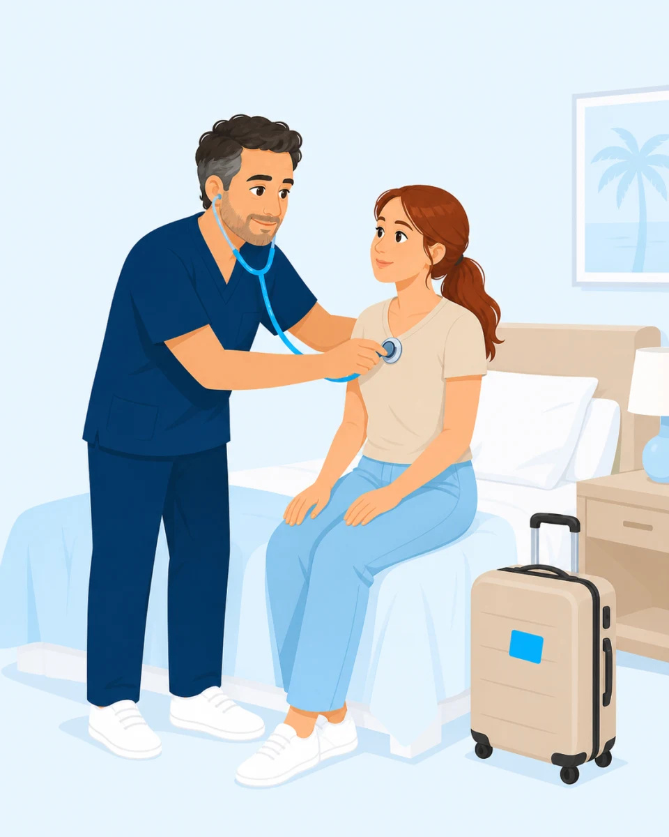 רופא MedHome בודק מטיילת בחדר במלון